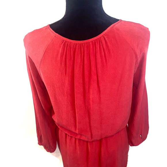 Madewell Red Silk Size 8 Elastic Waist Smocked Shoulder Long Sleeve Mini Dress - Picture 6 of 10